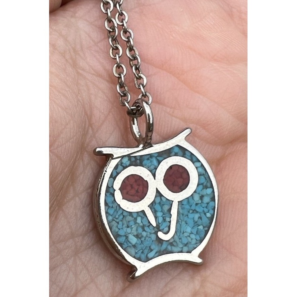 Vintage Natural Turquoise & Red Coral Owl Pendant Necklace Small Silver Tone